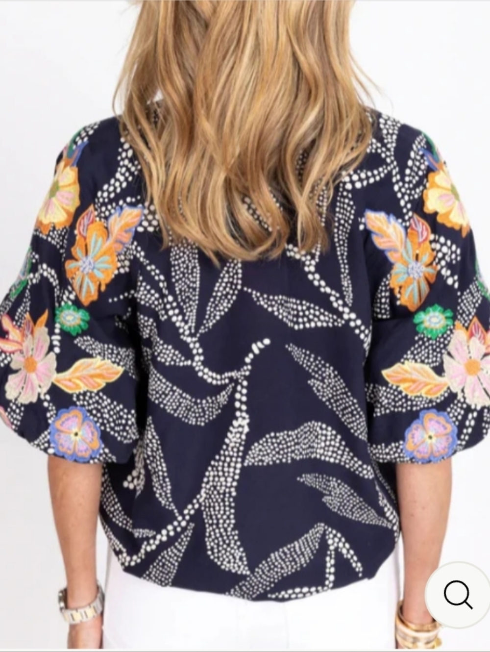 THML Navy Embroidered Puff Sleeve Tassel Tie Top Medium - Picture 3 of 9